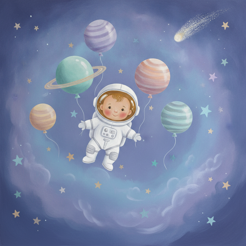 Sfeer-impressie ruimte muurschildering met kleine astronaut die zweeft tussen planeetballonnen