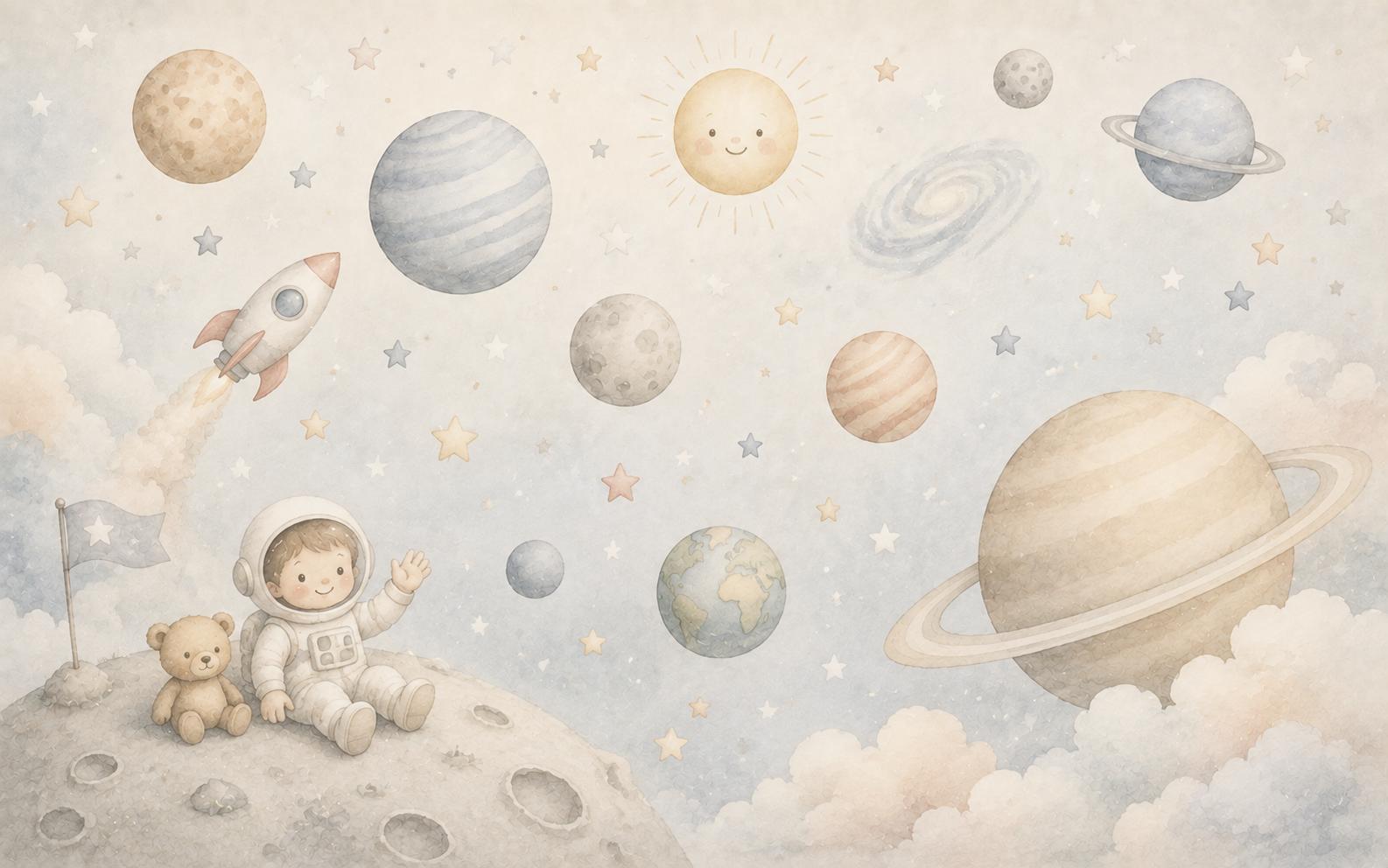 Sfeer-impressie babykamer met kleine astronaut en teddybeer op de maan tussen planeten, sterren en een lachend zonnetje in pasteltinten