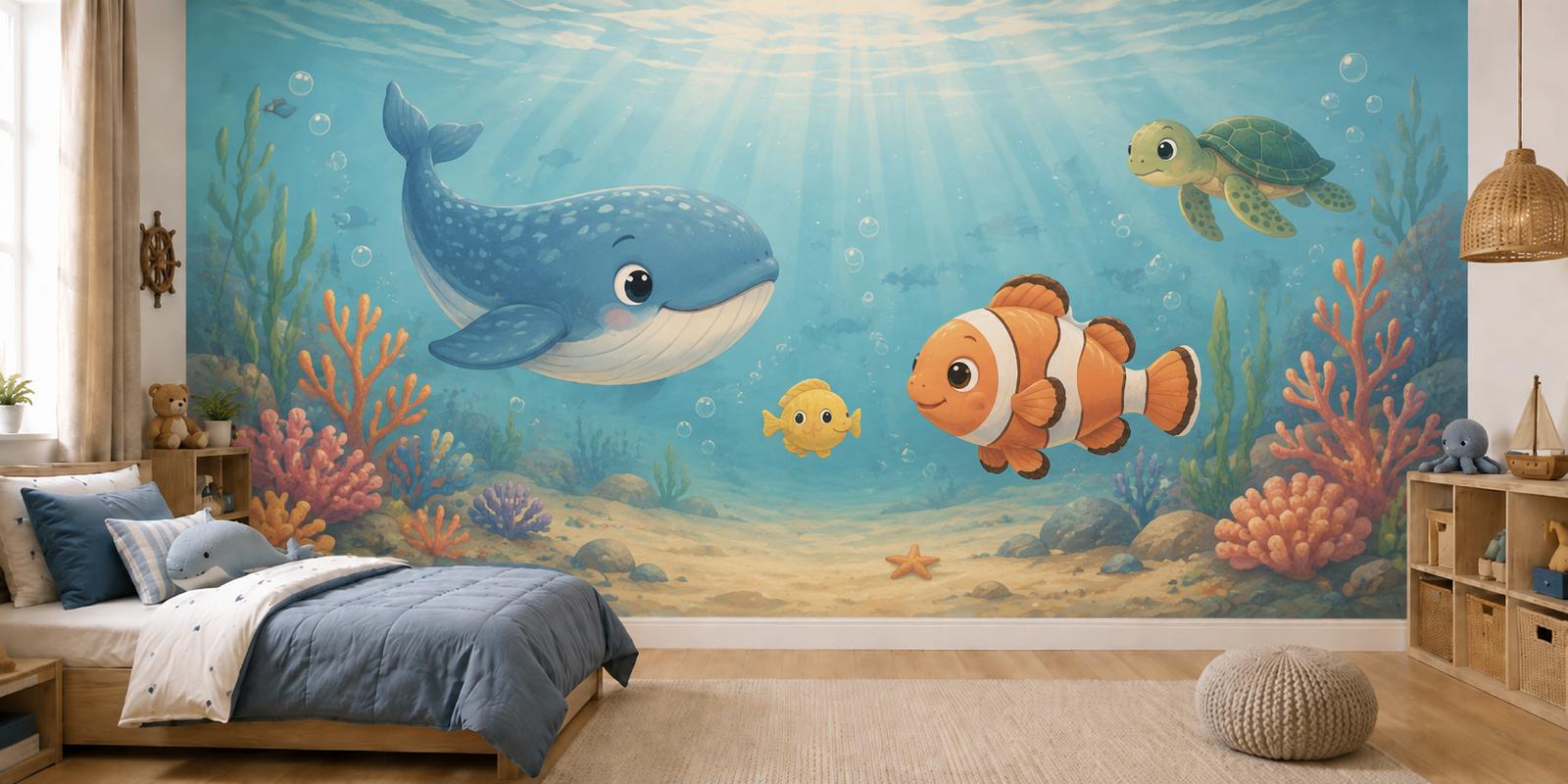 Sfeer-impressie kinderkamer met een lachende walvis, clownvis en zeeschildpad boven een kleurrijk koraalrif