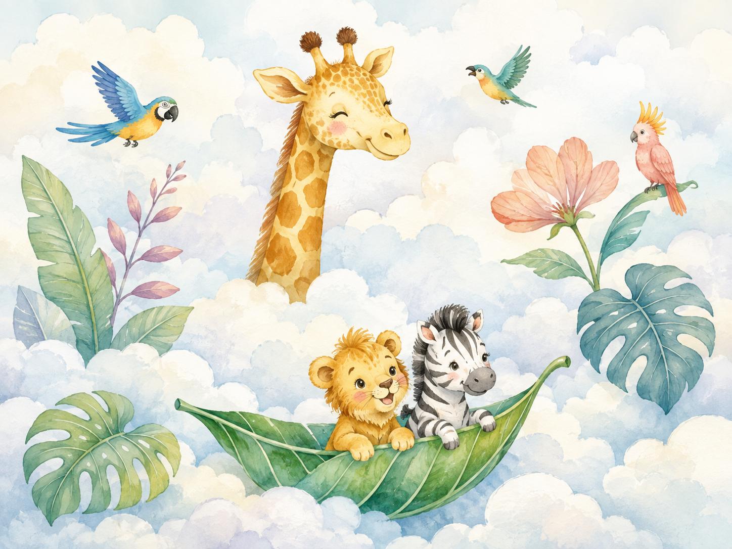 Sfeer-impressie muurschildering met een giraf, leeuwtje en zebra op wolken tussen jungleblad en papegaaien