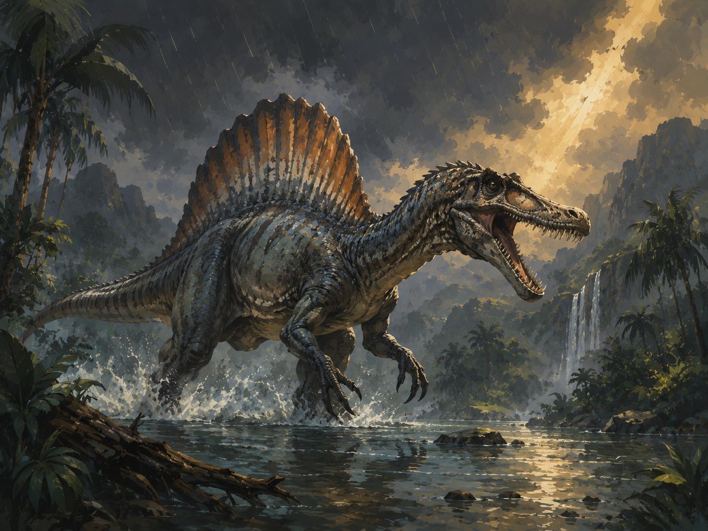 Sfeer-impressie dino muurschildering met spinosaurus in een regenachtige junglerivier