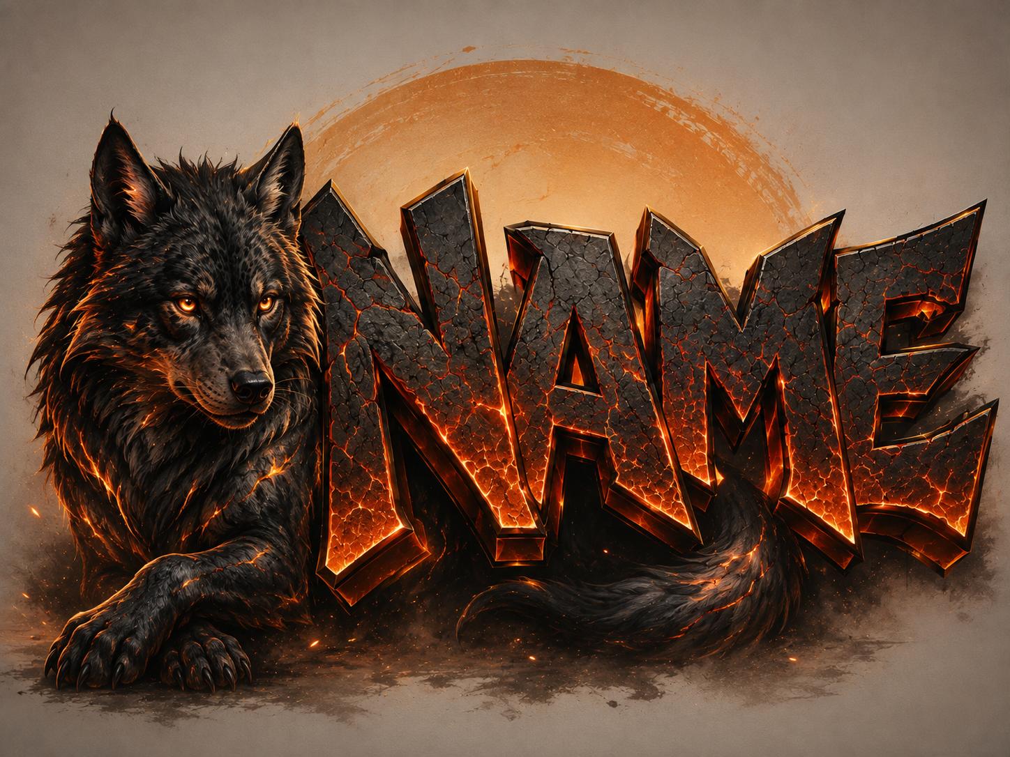 Sfeer-impressie muurschildering met een wolf naast een naam in gloeiende rotsletters tegen een oranje zon