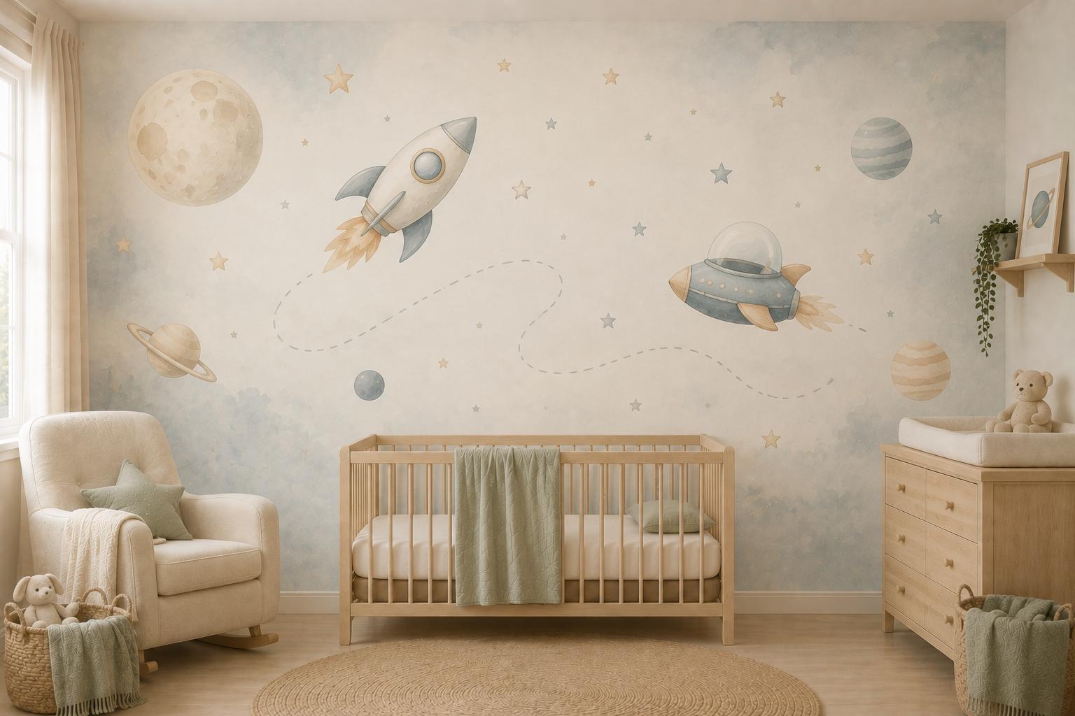 Sfeer-impressie babykamer met raket, ruimteschip, maan en sterren in zachte pastelblauwe aquareltinten