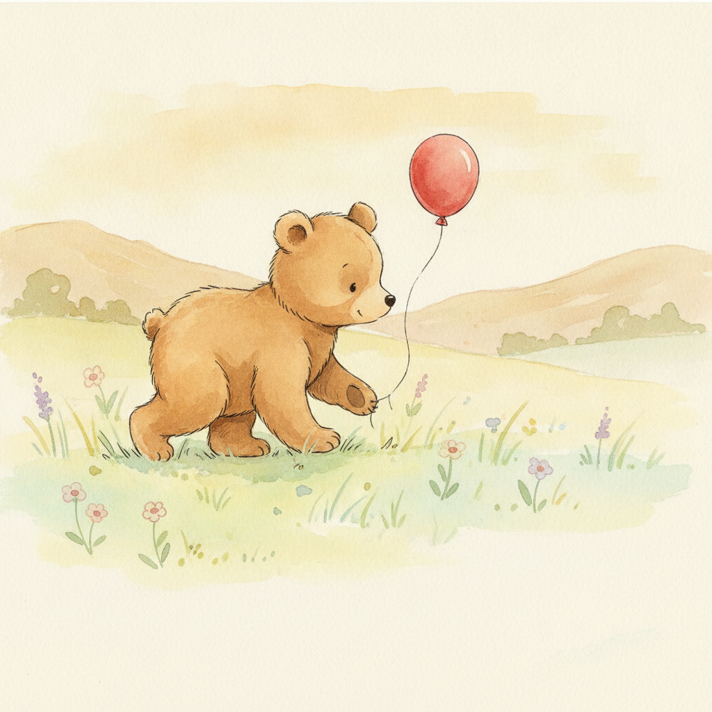 Sfeer-impressie muurschildering in aquarelstijl met een beertje dat een rode ballon vasthoudt in een bloemenweide