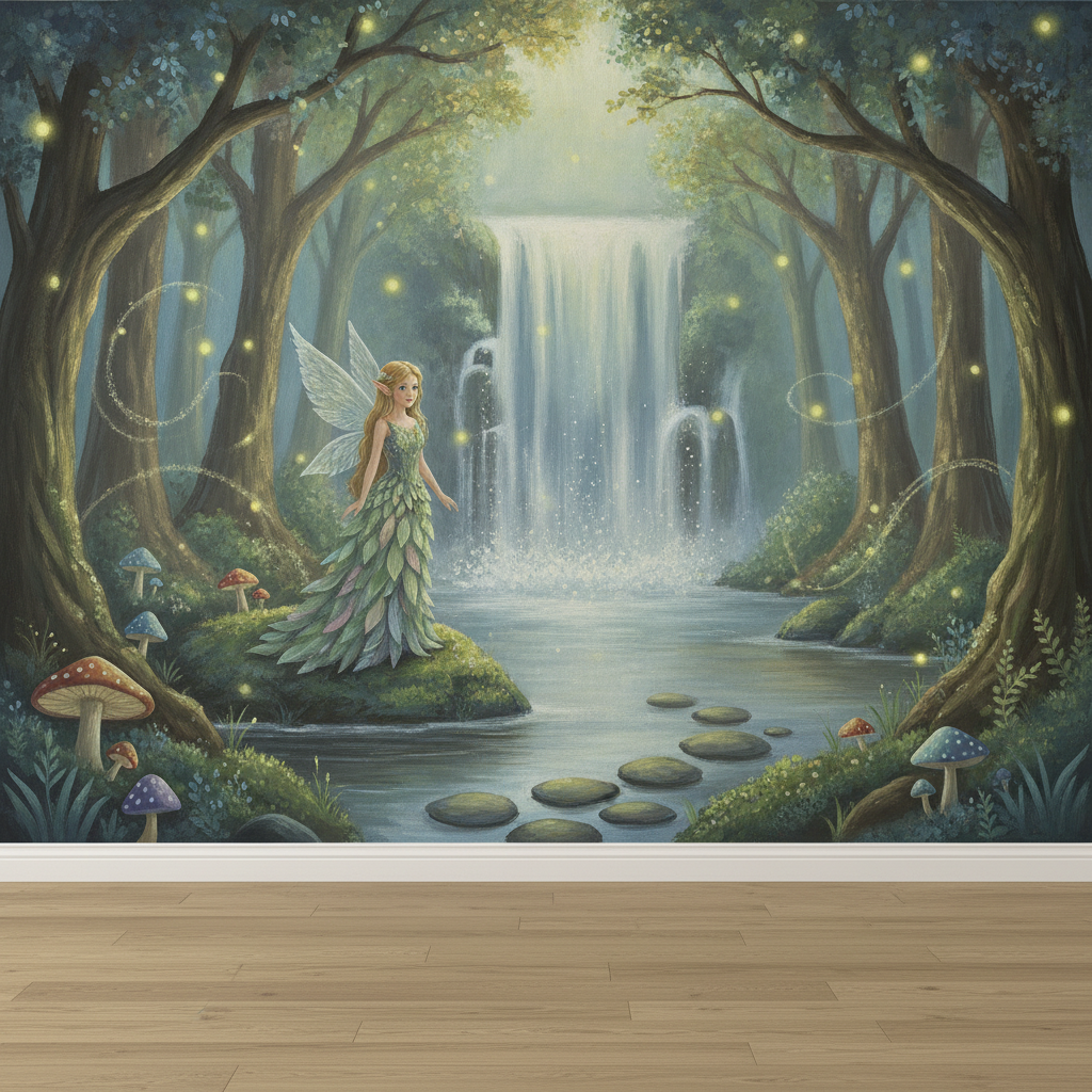Sfeer-impressie muurschildering met een elf bij een waterval in een betoverd bos met glimwormpjes