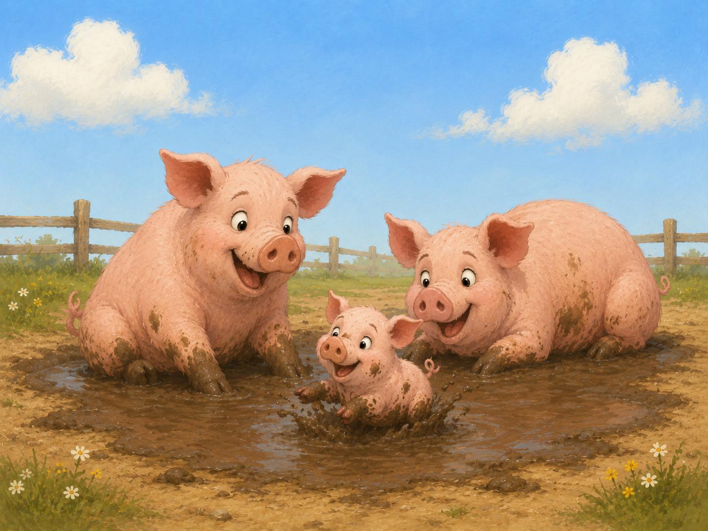 Sfeer-impressie muurschildering met twee varkens en een biggetje die spelen in een modderpoel bij een houten hek