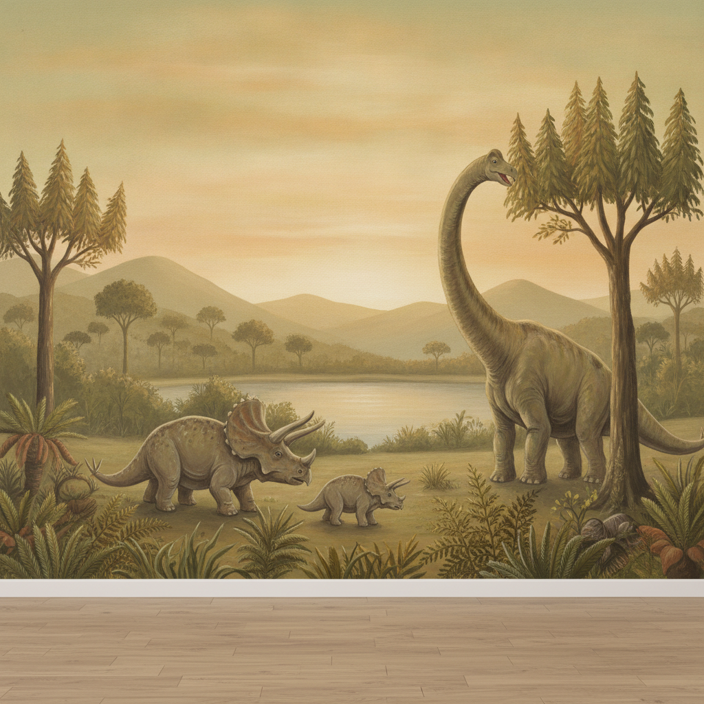 Sfeer-impressie dino muurschildering met langnek en triceratopsfamilie bij een meer in de avondzon
