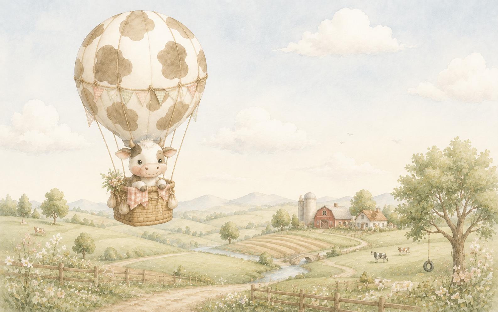 Sfeer-impressie kinderkamer met een koe in een luchtballon boven een boerderijlandschap in pasteltinten