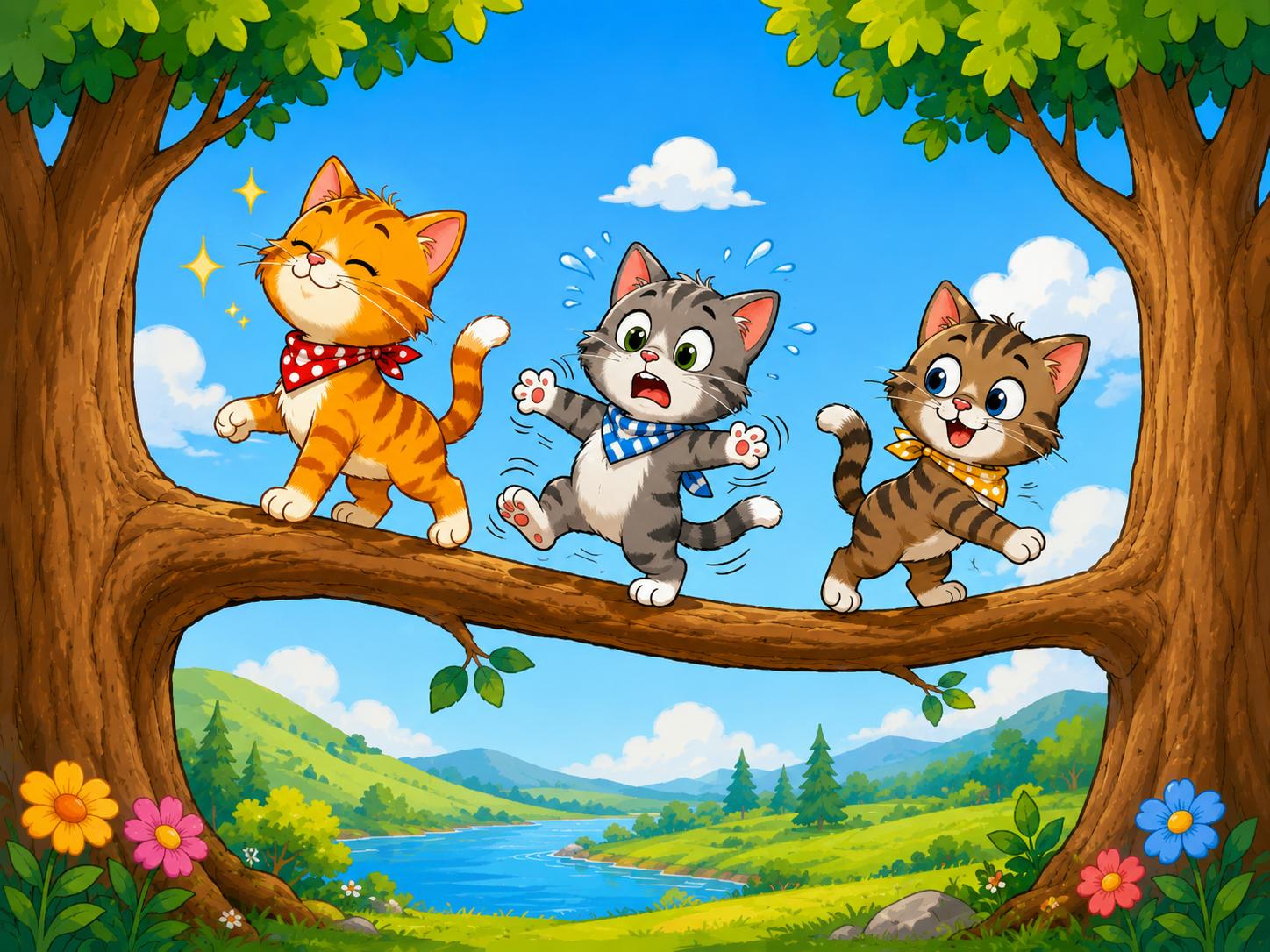 Sfeer-impressie muurschildering met drie katten die balanceren op een boomtak met uitzicht over heuvels en een meer