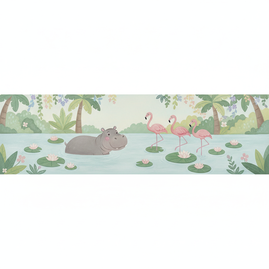 Sfeer-impressie jungle muurschildering met nijlpaard, flamingo's en waterlelies