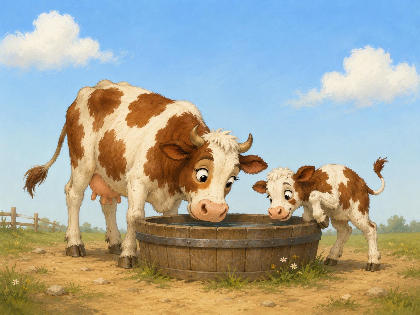 Sfeer-impressie muurschildering met een bruinbonte koe en haar kalfje die drinken uit een houten drinkbak