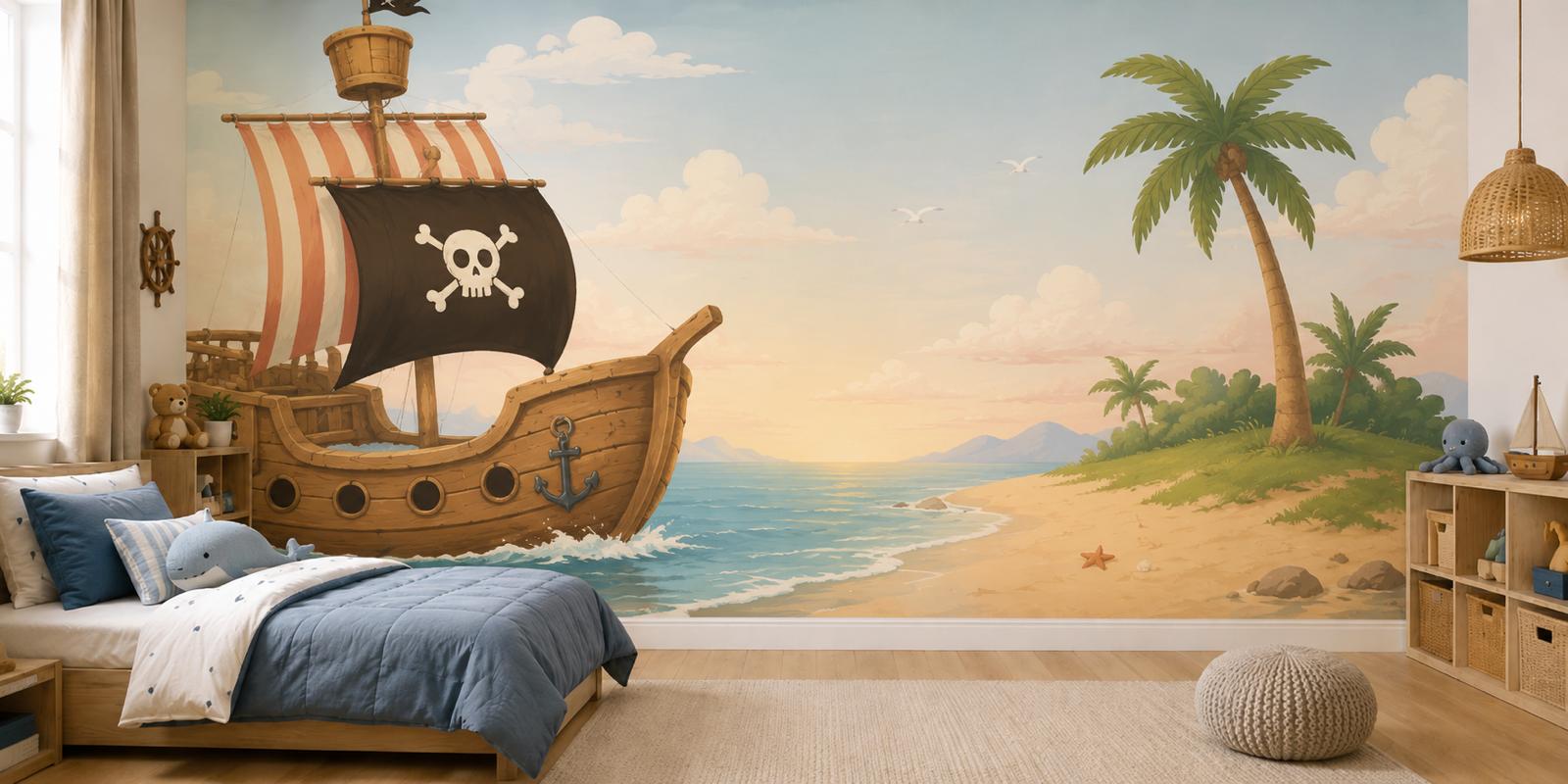 Sfeer-impressie muurschildering met een piratenschip met doodskopvlag voor een zandstrand met palmboom