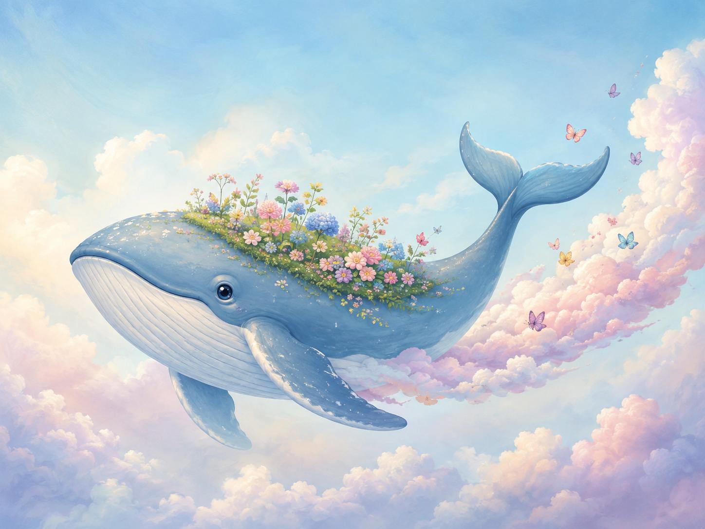 Sfeer-impressie muurschildering met een walvis met een bloementuin op zijn rug die door roze wolken zwemt