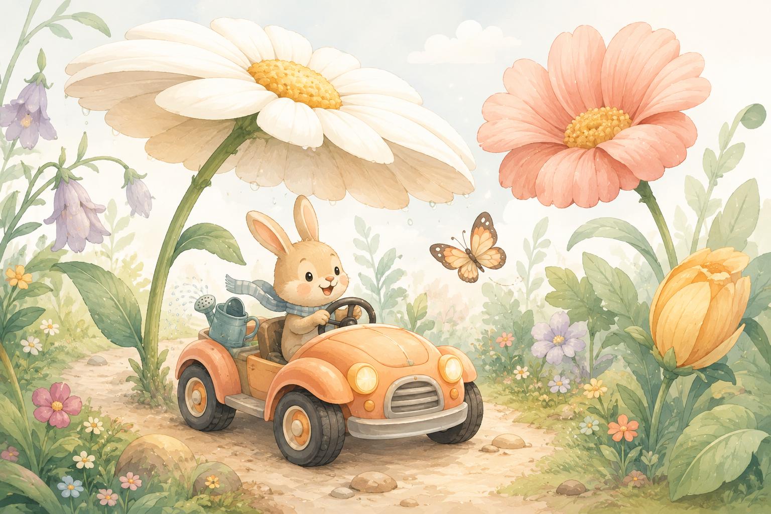 Sfeer-impressie muurschildering met een haasje in een oranje autootje tussen grote madeliefjes en tulpen