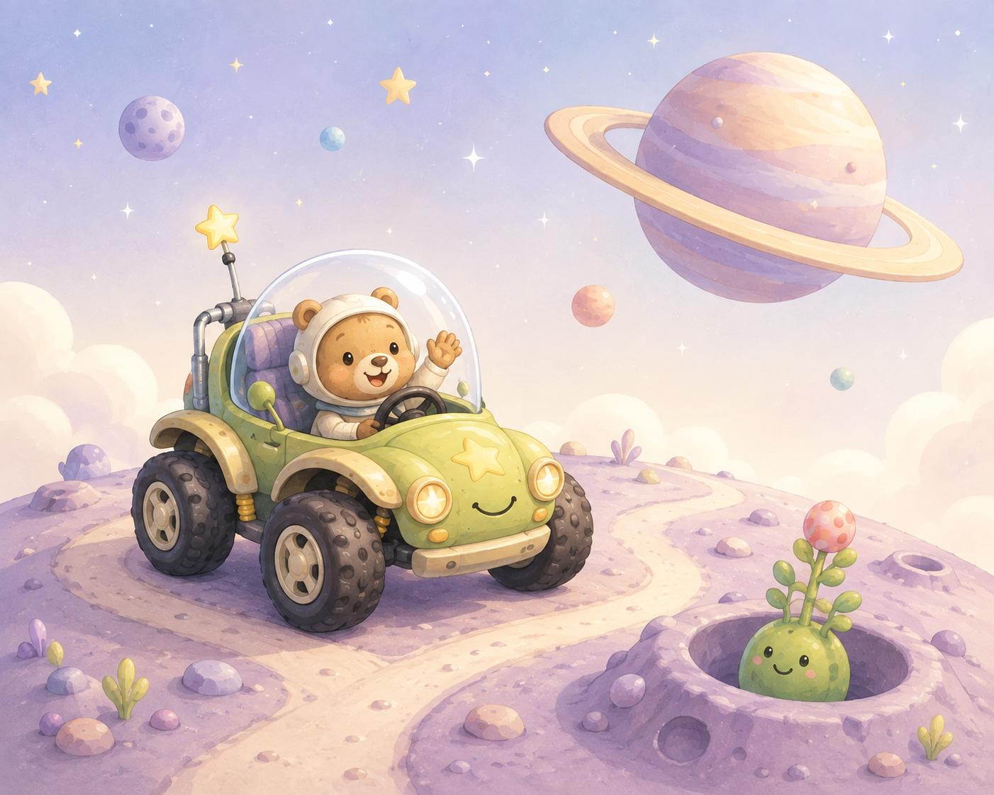 Sfeer-impressie muurschildering met een beertje in een groene maanwagen op een paars planeetlandschap met ringplaneet