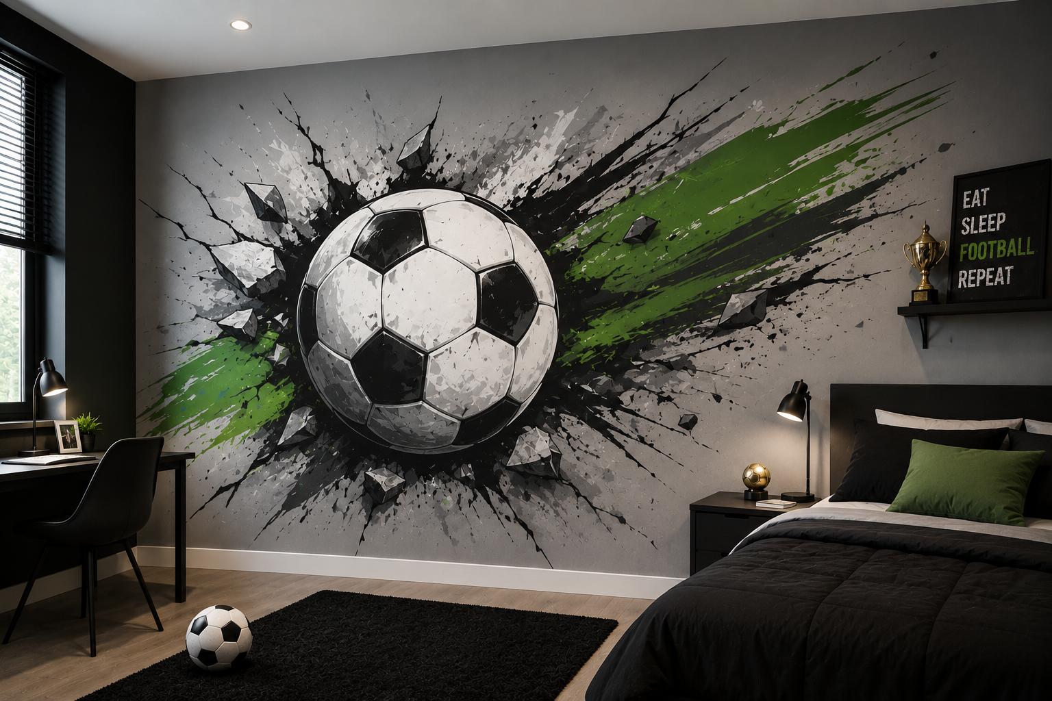 Sfeer-impressie tienerkamer met een grote voetbal die door een grijze betonmuur breekt met groene verfstreken