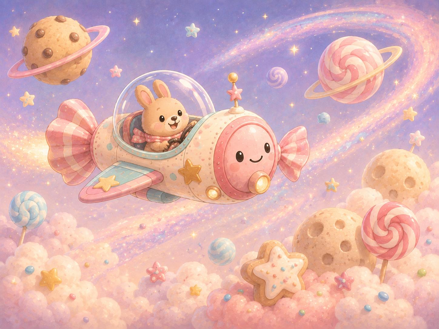 Sfeer-impressie muurschildering met een haasje in een raket van snoep dat langs lolly-planeten vliegt in roze sterrenwolken