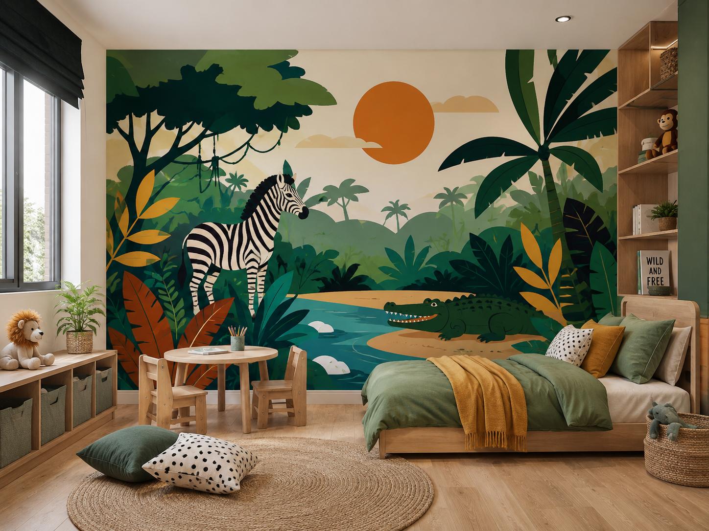Sfeer-impressie kinderkamer met grafische junglemuur met zebra en krokodil bij een rivier onder een oranje zon