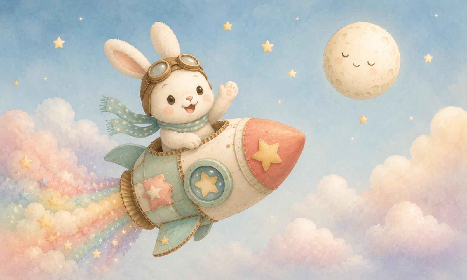 Sfeer-impressie muurschildering met een konijntje in een raket met een regenboogstaart tussen pastelwolken en de maan
