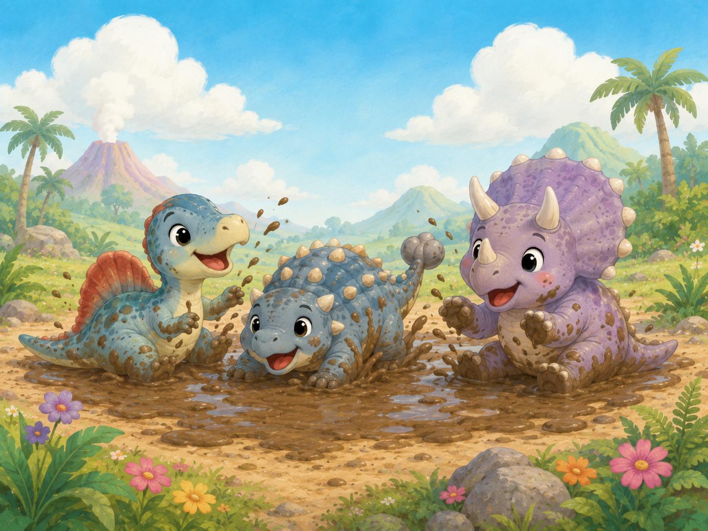 Sfeer-impressie dino muurschildering met drie babydino's die in een modderpoel spelen