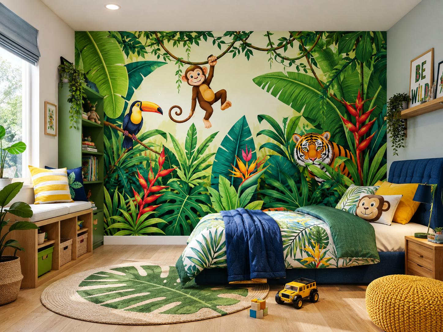 Sfeer-impressie kinderkamer met kleurrijke junglemuur met aapje, toekan en tijger tussen grote bladeren