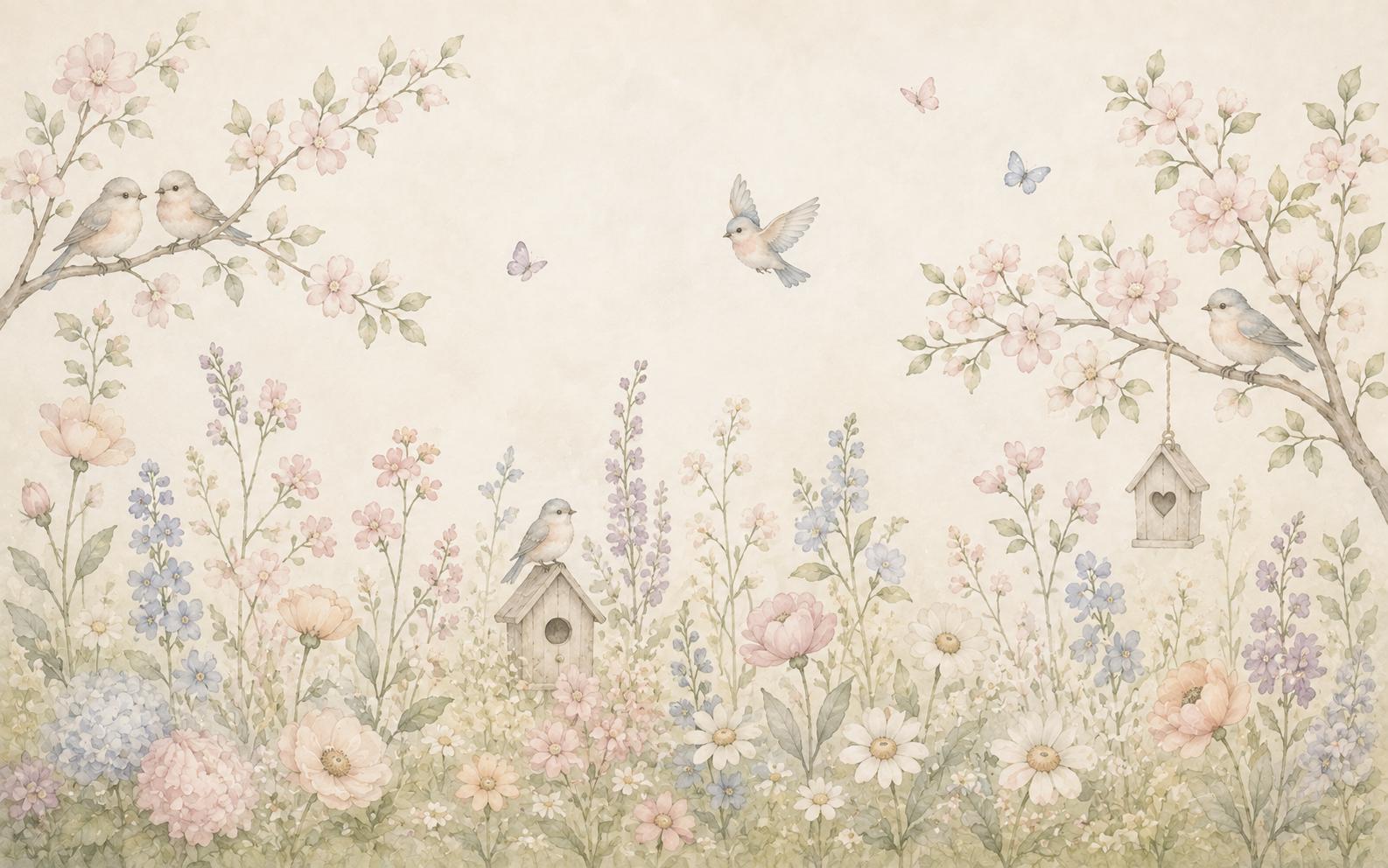 Sfeer-impressie kinderkamer met vogeltjes, vlinders en vogelhuisjes boven een bloemenveld in gedempte pasteltinten