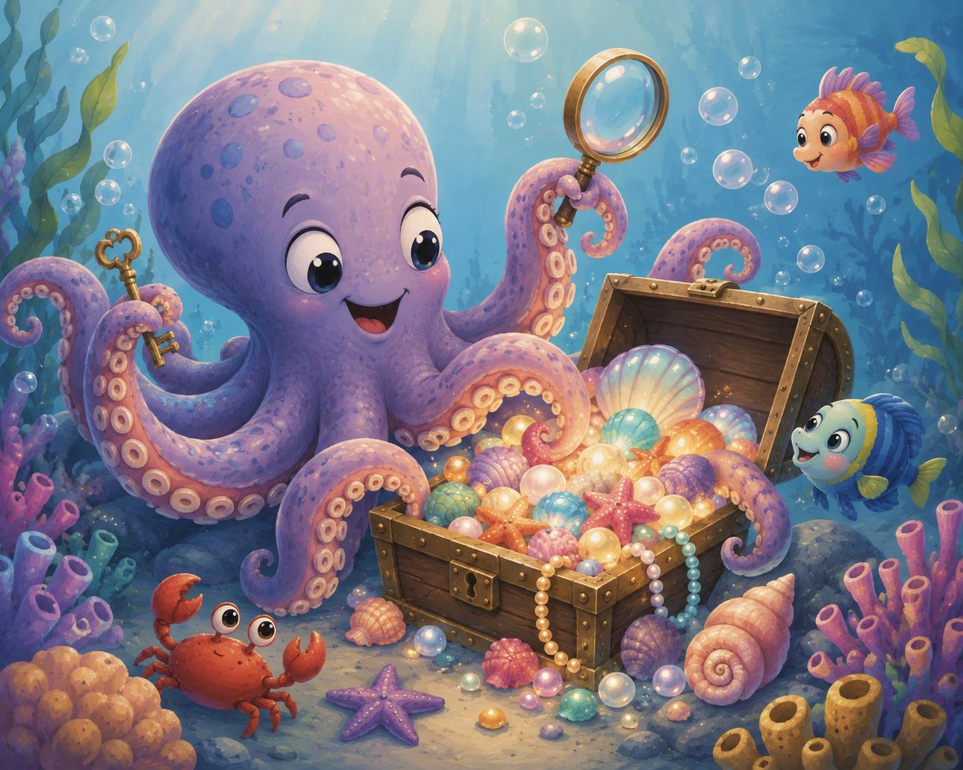 Sfeer-impressie muurschildering met een lachende paarse octopus bij een open schatkist vol parels, met een krab en visjes