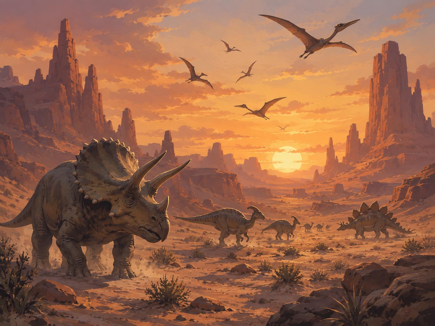 Sfeer-impressie dino muurschildering met triceratops en pterosauriërs in een woestijncanyon bij zonsondergang