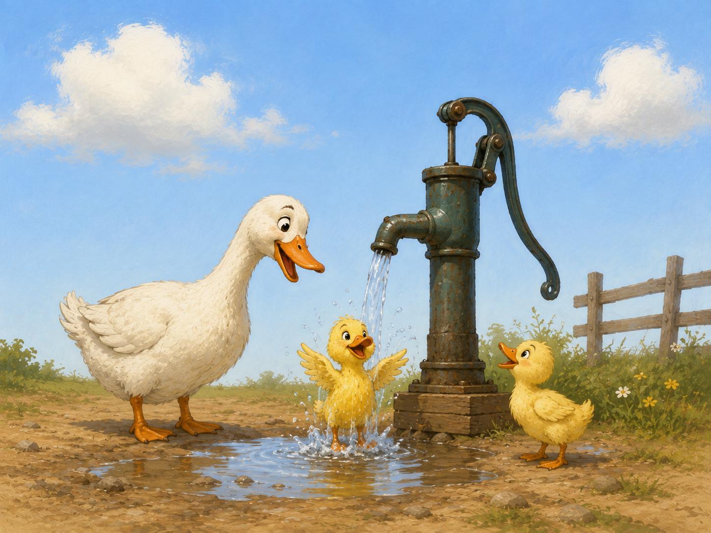 Sfeer-impressie muurschildering met een witte eend en twee gele kuikentjes die zich wassen onder een oude waterpomp