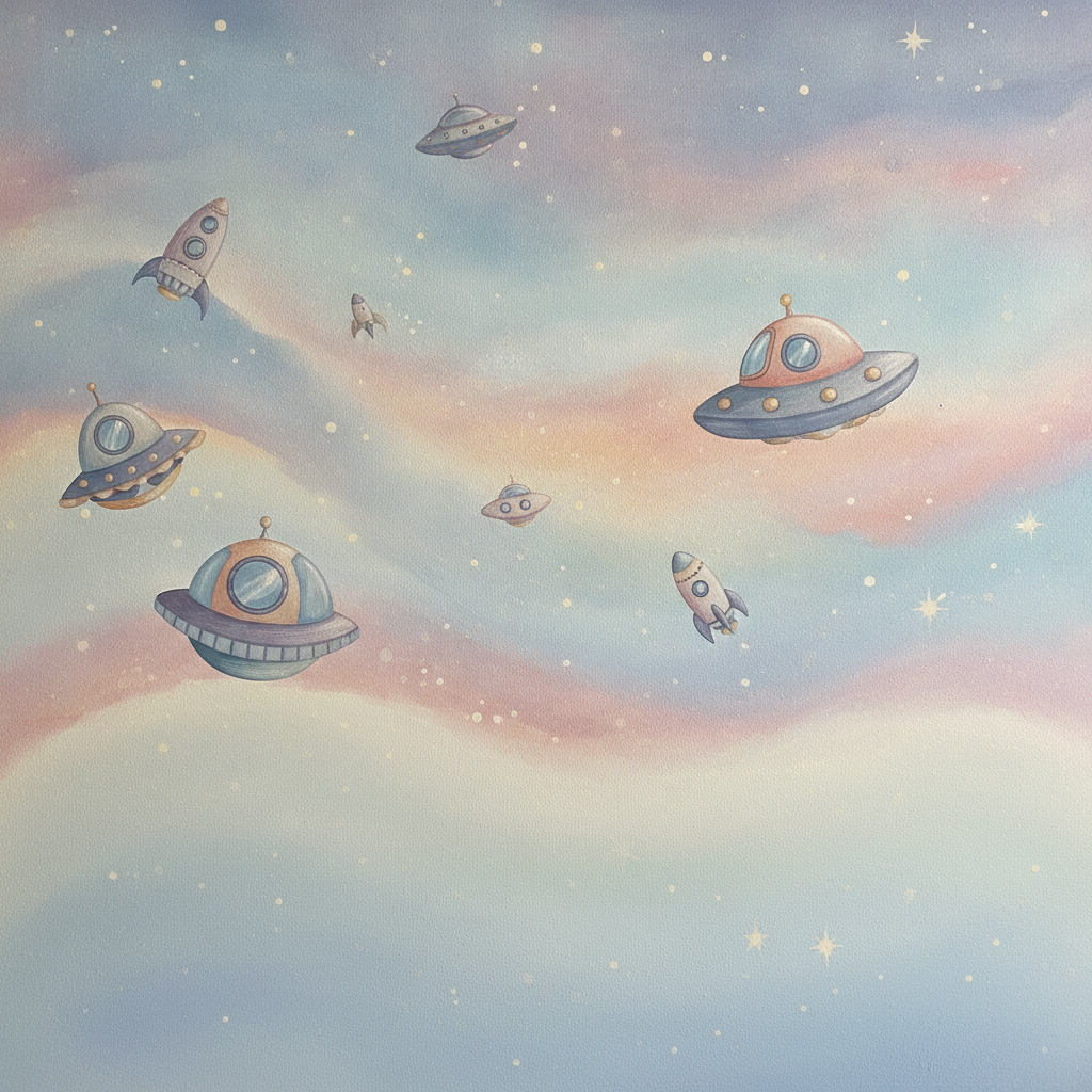 Sfeer-impressie muurschildering in aquarelstijl met ufo's en raketjes in een pastelkleurige sterrenwolk