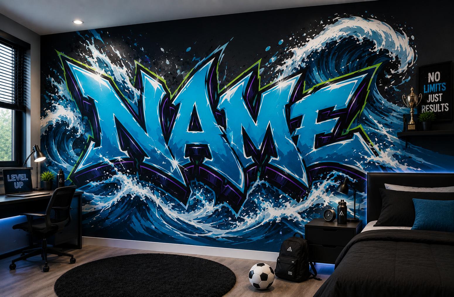 Sfeer-impressie tienerkamer met een naam in ijsblauwe graffitiletters tussen opspattende golven
