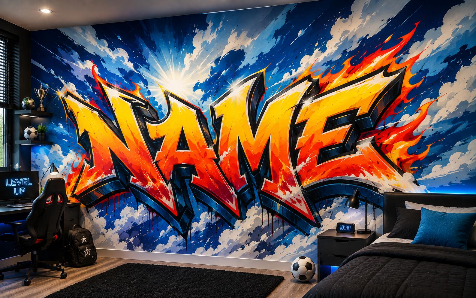 Sfeer-impressie tienerkamer met een naam in oranje graffitiletters tegen een blauwe wolkenlucht met zonlicht