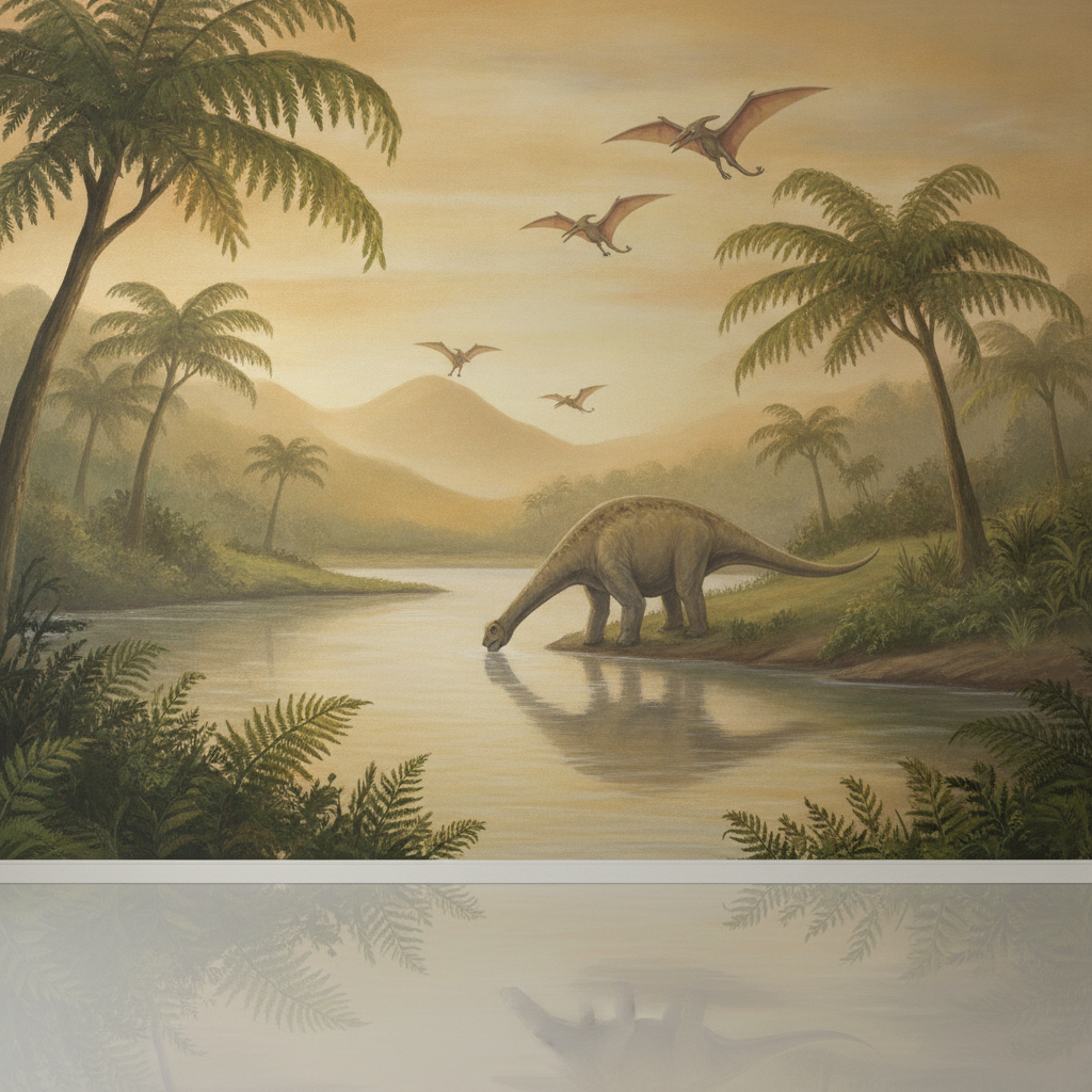 Sfeer-impressie dino muurschildering met drinkende langnek en pterosauriërs boven een oerrivier
