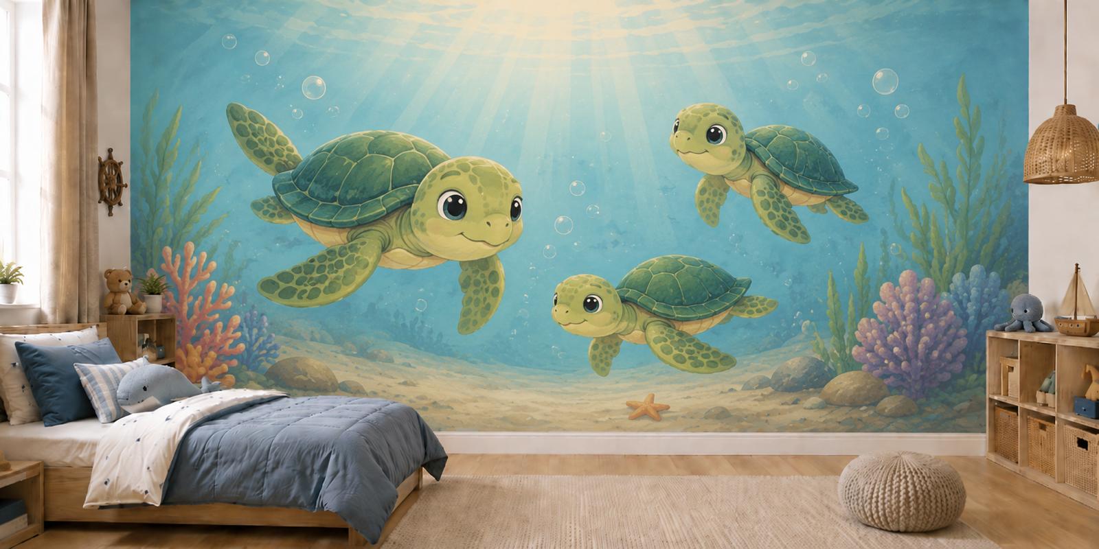 Sfeer-impressie kinderkamer met drie zeeschildpadden tussen koraal en zonnestralen onder water