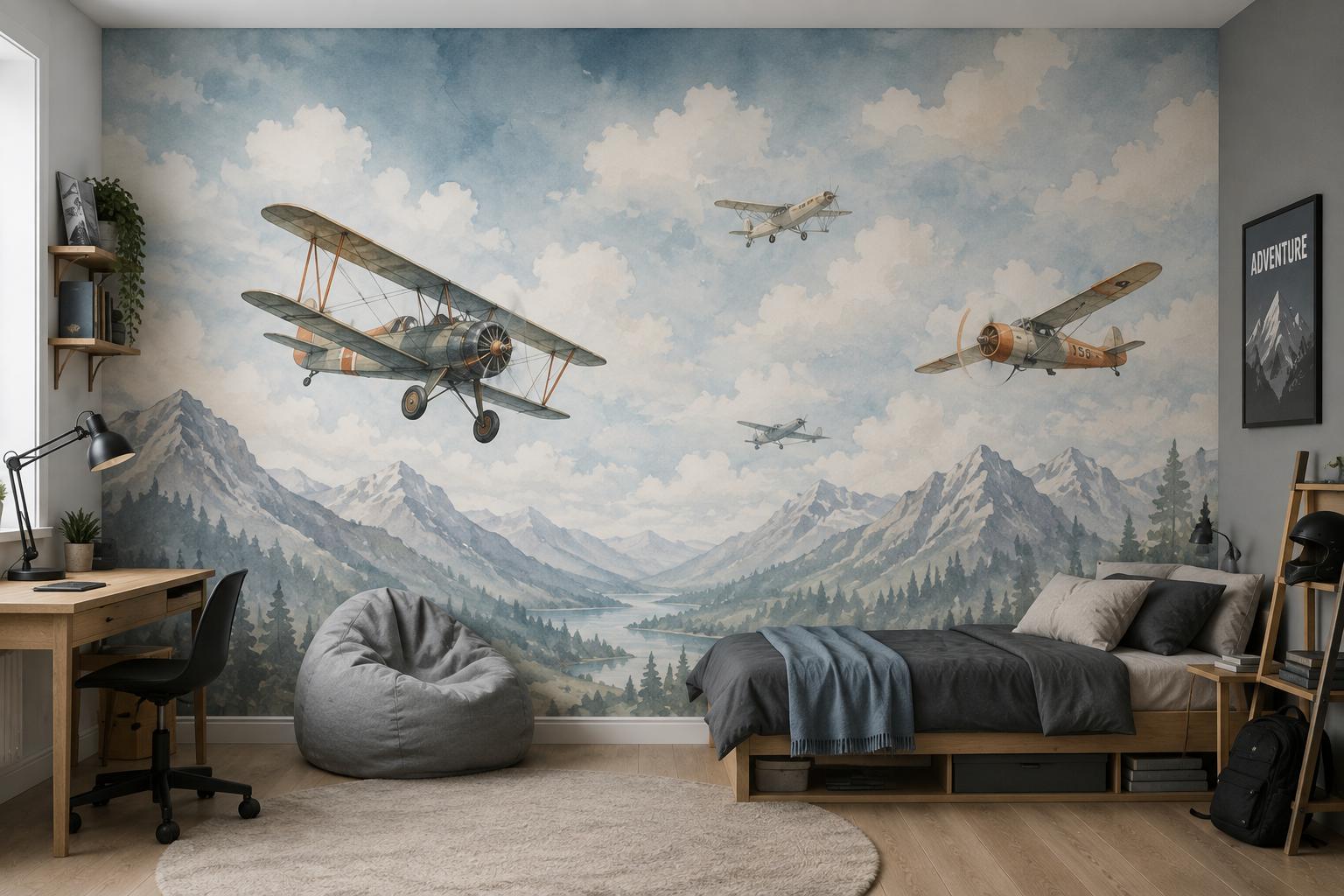 Sfeer-impressie tienerkamer met vintage vliegtuigen boven bergen en wolken in zachte aquareltinten