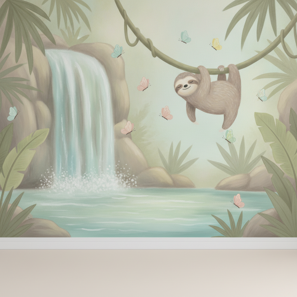 Sfeer-impressie jungle muurschildering met luiaard aan een liaan bij een waterval en vlinders