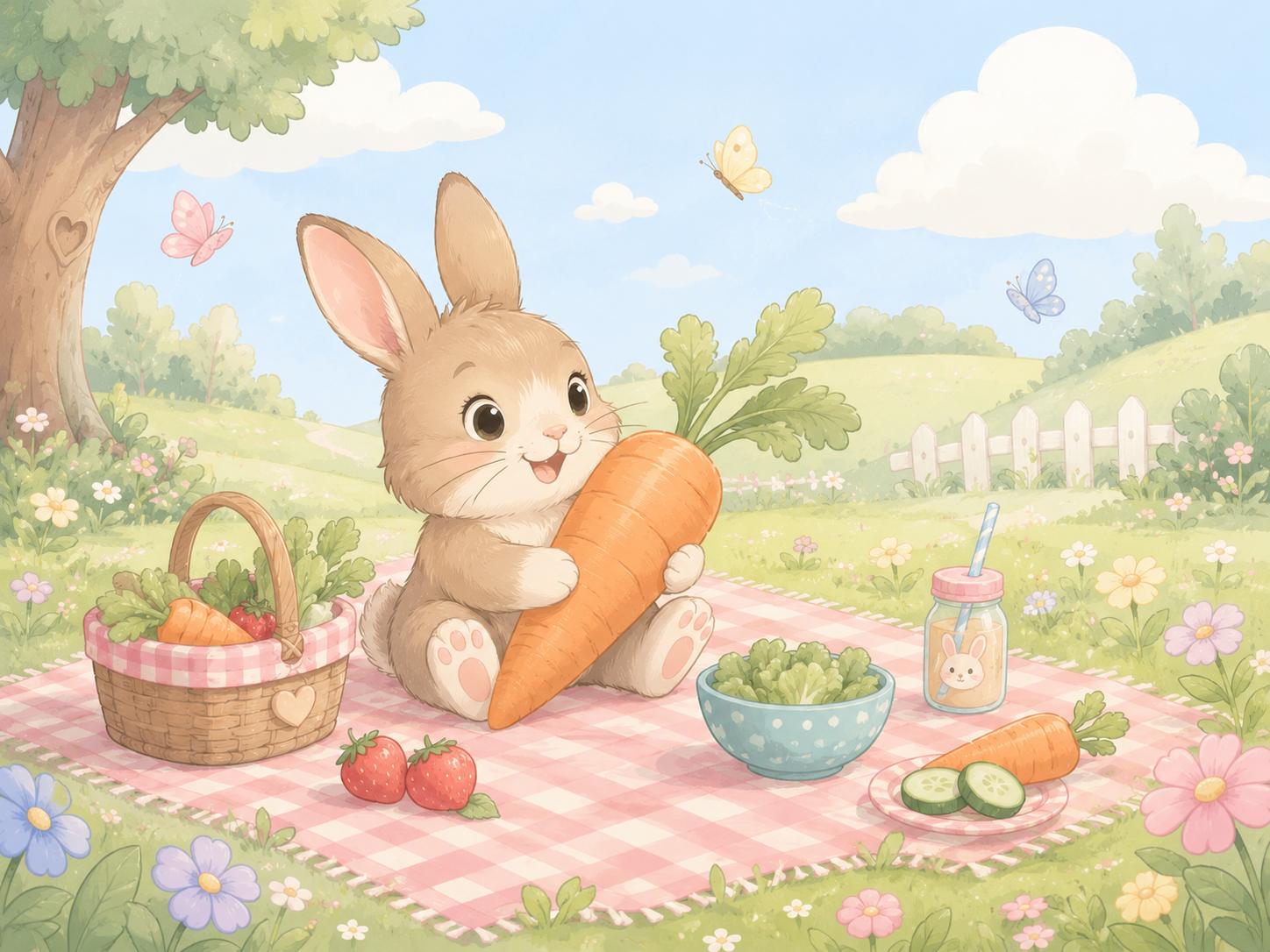 Sfeer-impressie muurschildering met een konijntje op een geruit picknickkleed met een grote wortel en een picknickmand