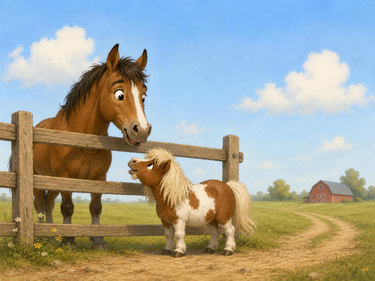Sfeer-impressie muurschildering met een bruin paard en een klein bont veulen bij een houten weidehek