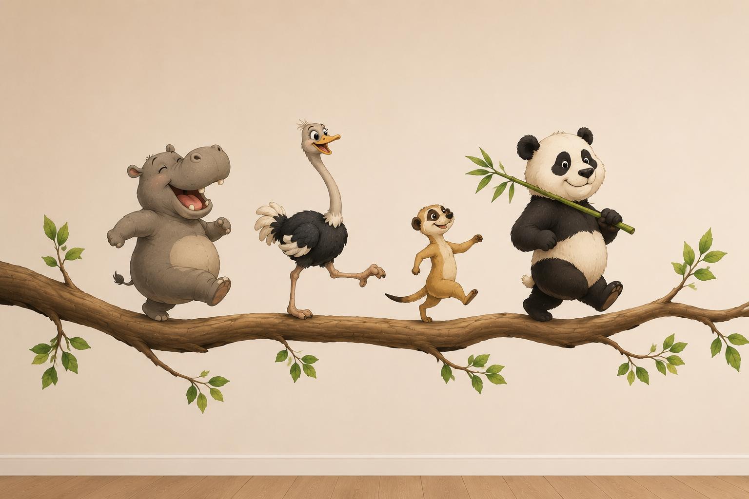 Sfeer-impressie muurschildering met nijlpaard, struisvogel, stokstaartje en panda die over een tak lopen