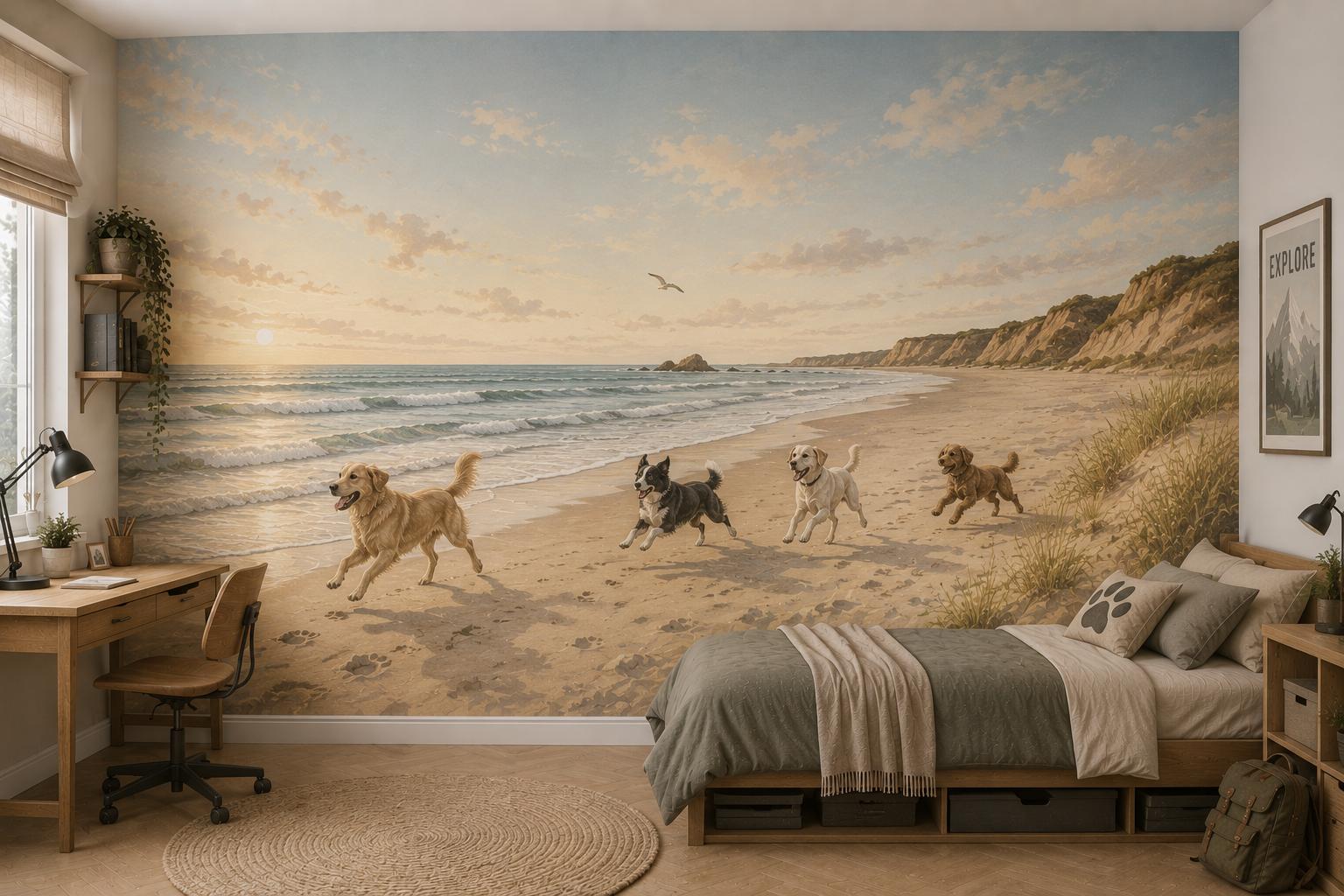 Sfeer-impressie kinderkamer met vier rennende honden op een strand bij zonsopkomst in zachte pasteltinten