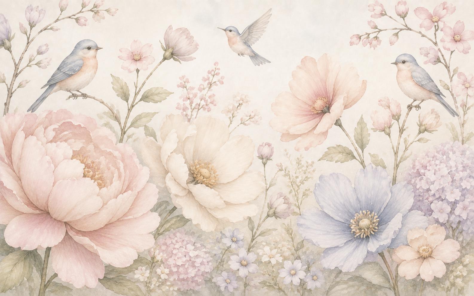 Sfeer-impressie muurschildering met blauwe vogeltjes tussen grote pioenrozen, anemonen en hortensia's in pasteltinten