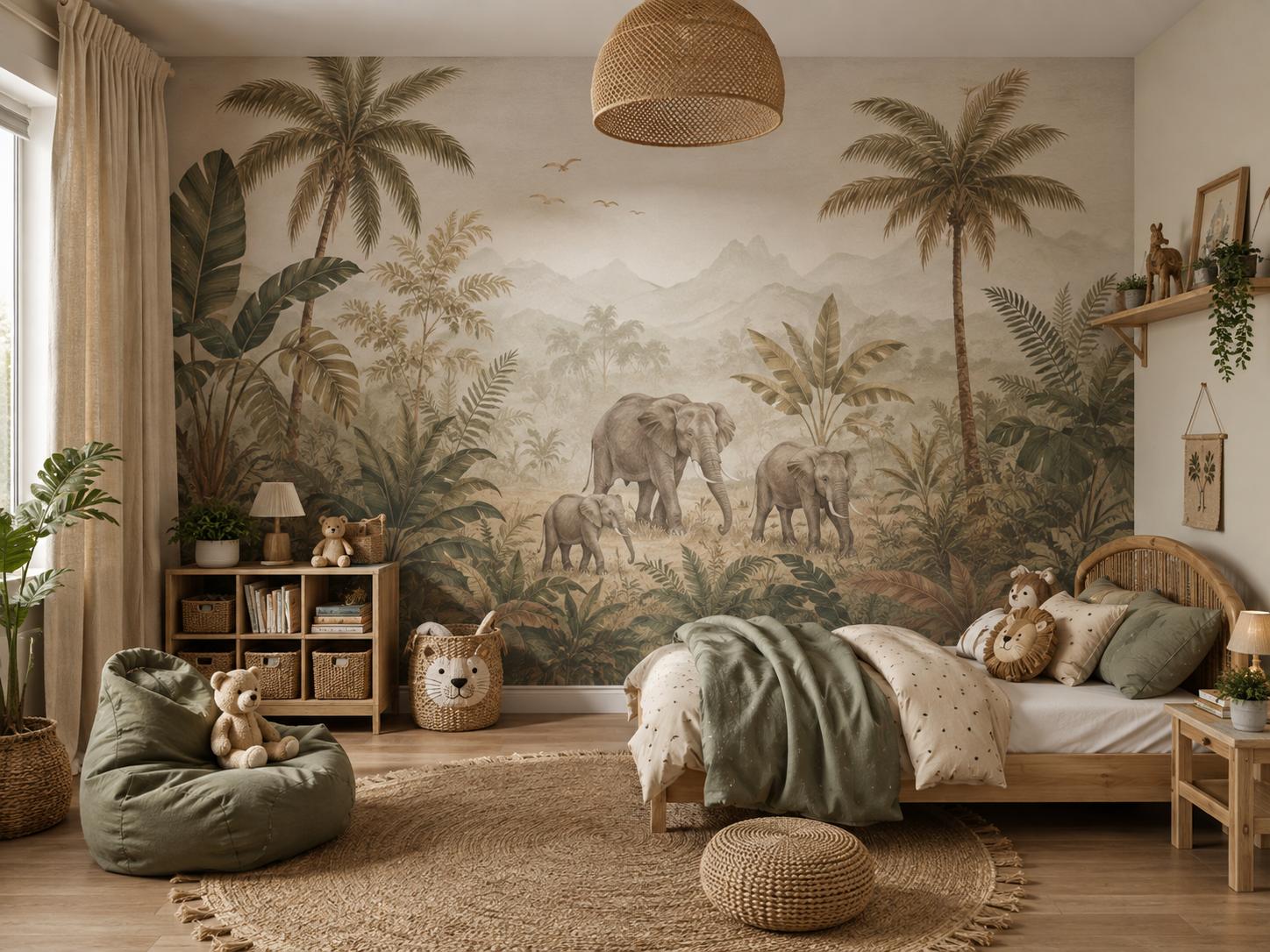 Sfeer-impressie kinderkamer met olifantenfamilie in een jungle in gedempte beige en groene aquareltinten