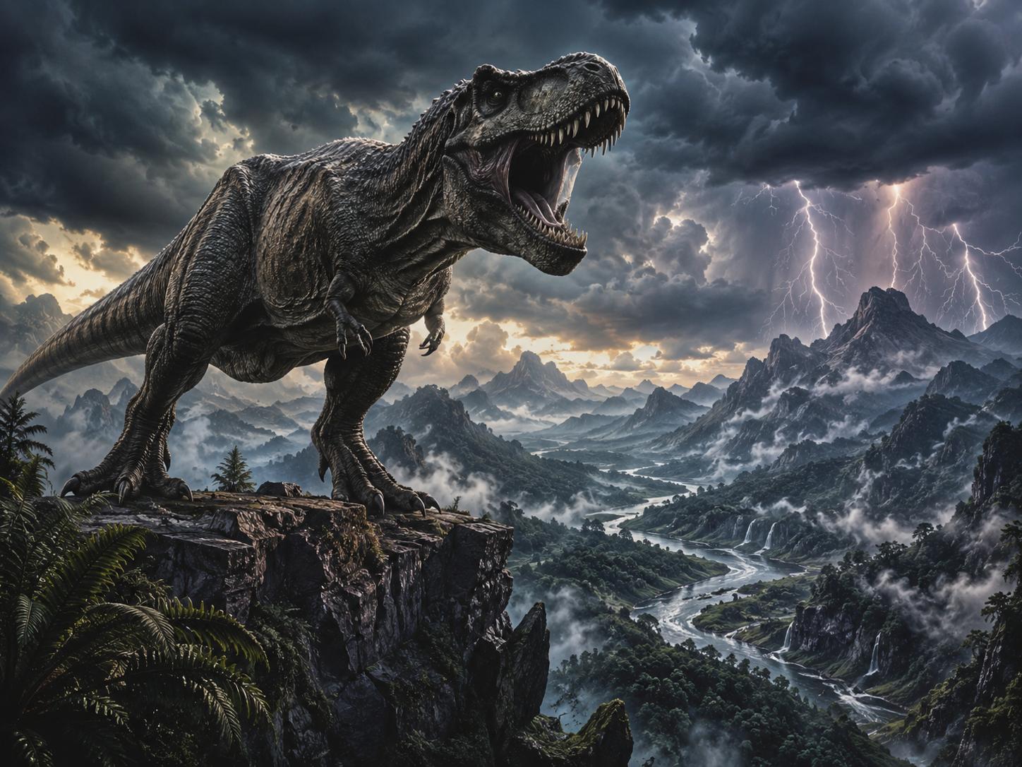 Sfeer-impressie dino muurschildering met brullende T-rex op een rots boven een vallei met onweer