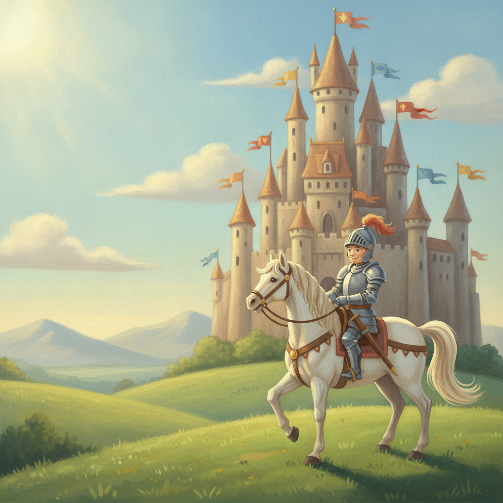 Sfeer-impressie muurschildering met een ridder op een wit paard voor een groot kasteel met wapperende vlaggen