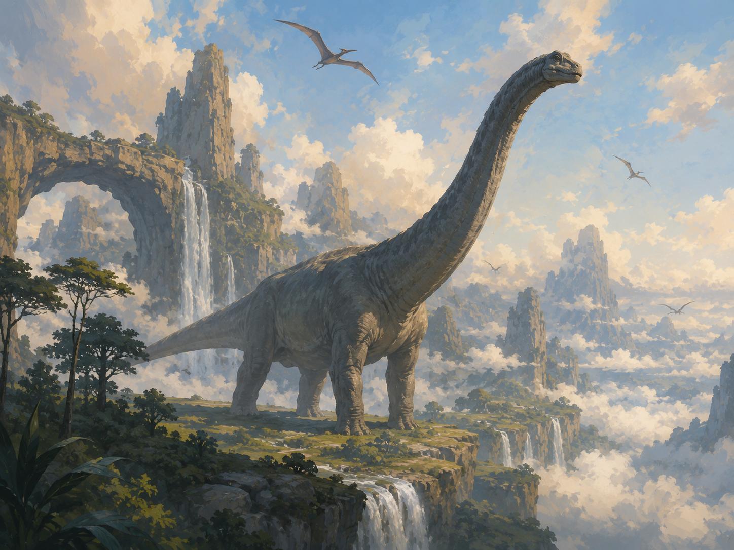 Sfeer-impressie dino muurschildering met langnek op een plateau tussen wolken en watervallen