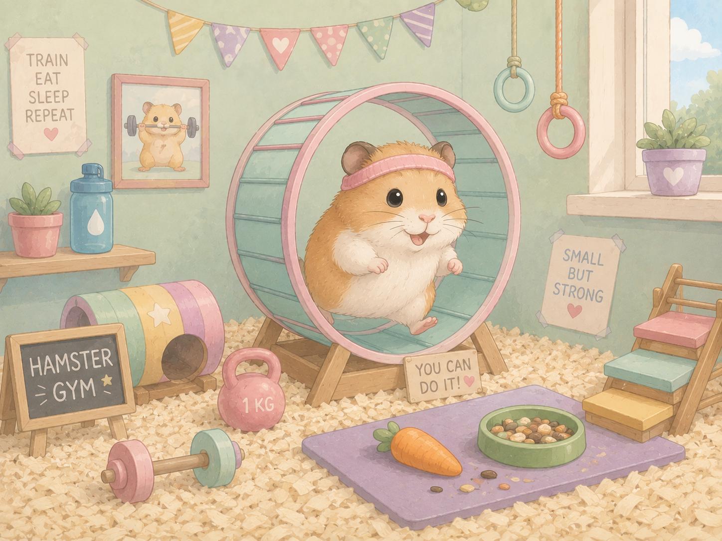 Sfeer-impressie kinderkamer met een hamster in een loopwiel in een sportkamertje met halters en bordjes