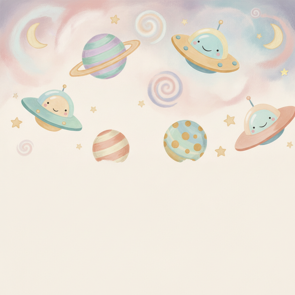 Sfeer-impressie muurschildering met lachende vliegende schotels en pastelkleurige planeten tussen sterretjes