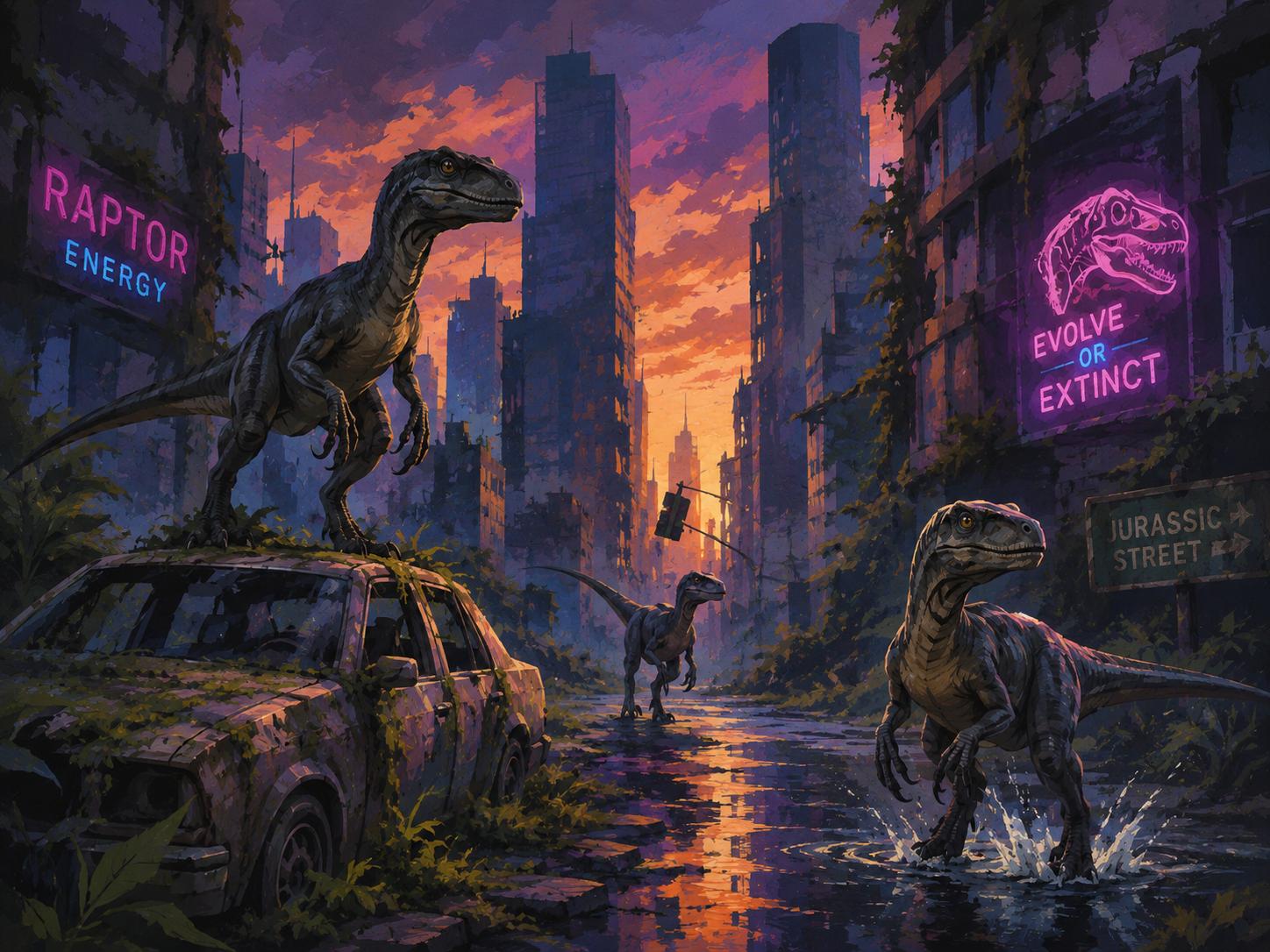 Sfeer-impressie dino muurschildering met raptors in een overwoekerde stad bij zonsondergang