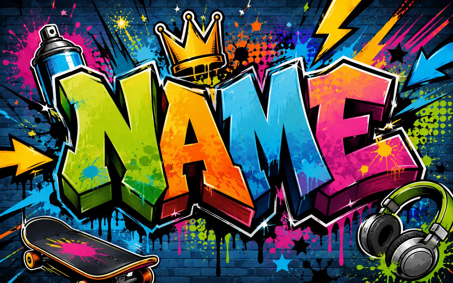 Sfeer-impressie muurschildering met een naam in kleurrijke graffitiletters met kroon, spuitbus en skateboard op een blauwe bakstenen muur