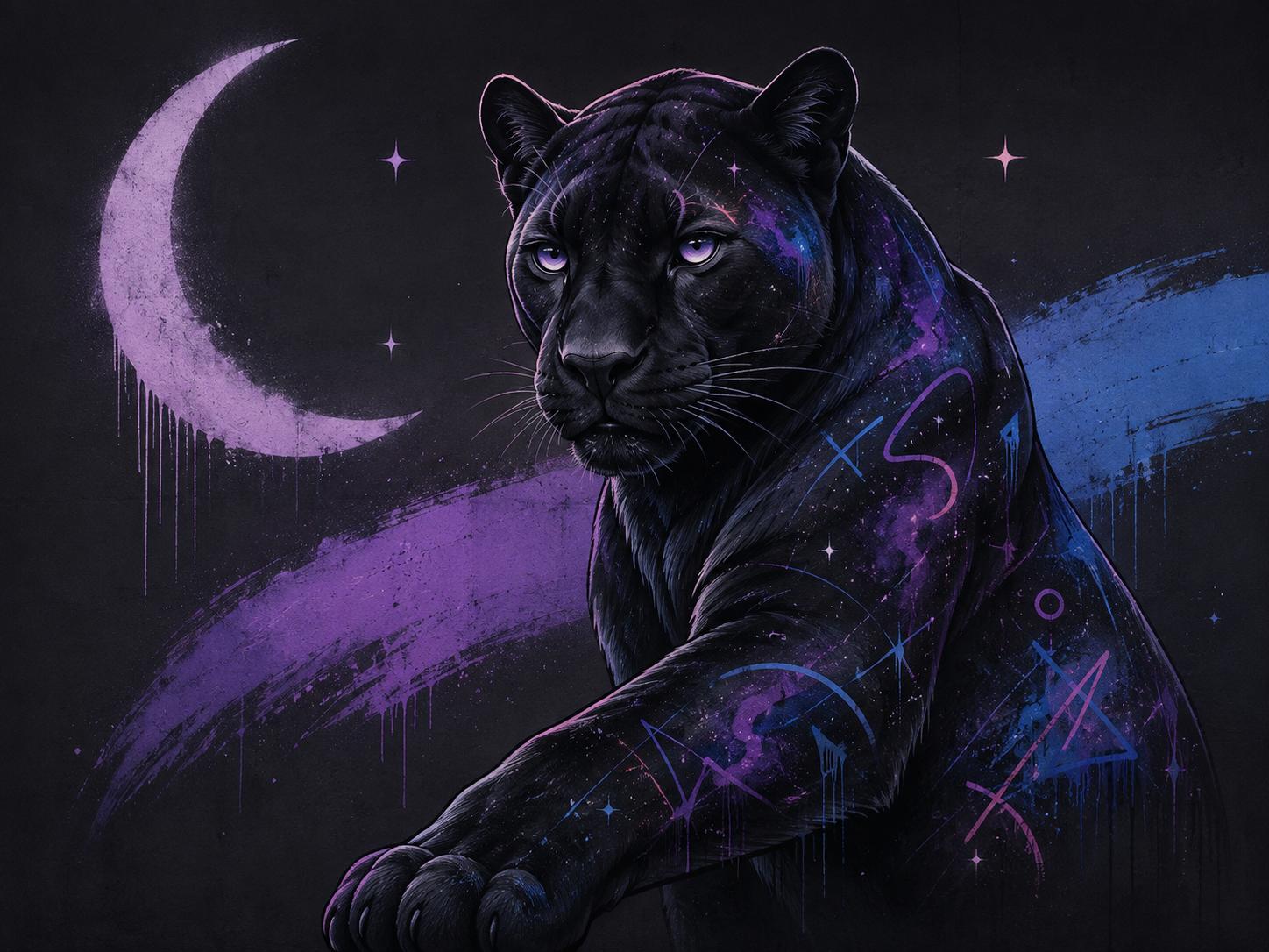 Sfeer-impressie muurschildering met een zwarte panter met neonaccenten onder een paarse maansikkel